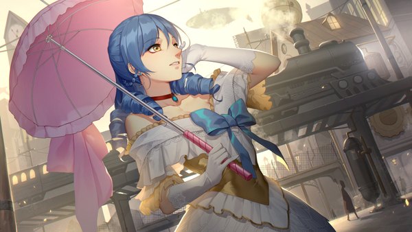 Anime picture 3550x2000 with romantic saga of beauty & devil daye bie qia lian single long hair fringe highres hair between eyes wide image standing bare shoulders holding yellow eyes blue hair looking away outdoors parted lips profile arm up sunlight off shoulder