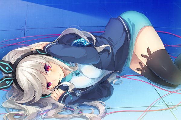 イラスト 2400x1600 と k.r.t.girls nana (krt girls) shinia ソロ 長髪 カメラ目線 赤面 前髪 highres おっぱい 笑顔 銀髪 lying ピンク目 女の子 ストッキング スカート 黒ストッキング ミニスカート ヘッドフォン