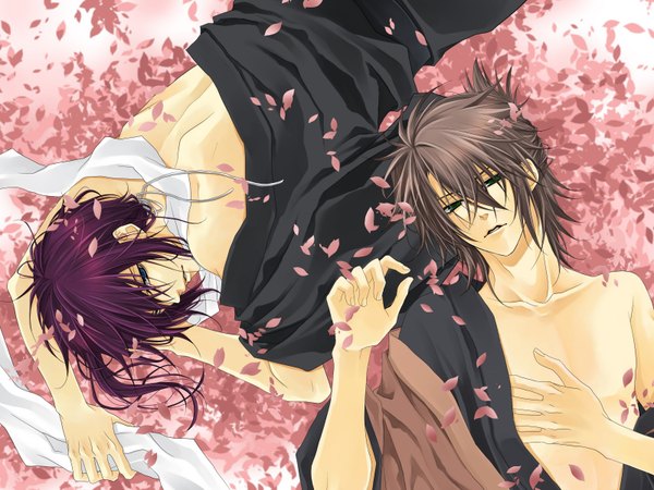 Anime picture 1600x1200 with hakuouki shinsengumi kitan studio deen saito hajime okita souji (hakuouki) tohiu long hair short hair blue eyes brown hair green eyes purple hair lying open clothes multiple boys back topless boy hair ornament petals scarf