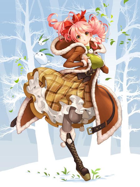 Anime picture 1500x2000 with original soo kyung oh single long hair tall image looking at viewer brown eyes pink hair drill hair girl dress bow plant (plants) hair bow tree (trees) boots leaf (leaves) coat