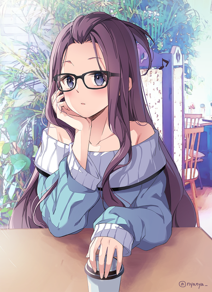Anime picture 874x1200 with yurucamp kagamihara sakura nyanya single long hair tall image blush open mouth blue eyes bare shoulders signed looking away purple hair upper body indoors long sleeves off shoulder :o twitter username sleeves past wrists