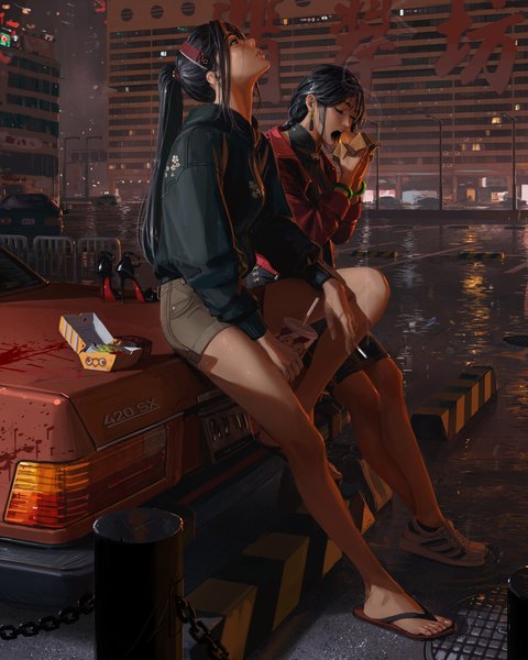 Anime picture 4500x5630 with original guweiz long hair tall image highres open mouth black hair sitting multiple girls payot absurdres full body outdoors ponytail eyes closed parted lips black eyes night city looking up