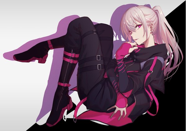 Anime picture 1417x1003 with original namahamu913 single long hair looking at viewer fringe simple background hair between eyes payot silver hair full body ponytail long sleeves parted lips pink eyes shadow high heels sleeves past wrists reclining slit pupils