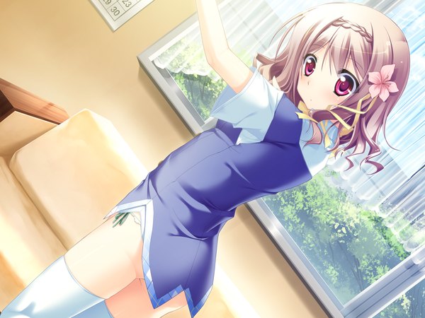 Anime picture 1600x1200 with koisuru koto to mitsu ketari! (game) short hair brown hair game cg pink eyes hair flower girl thighhighs uniform hair ornament school uniform white thighhighs