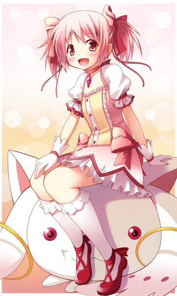 Anime picture 1200x2000 with mahou shoujo madoka magica shaft (studio) kaname madoka kyuubee alric (mu-h) single tall image blush short hair open mouth smile twintails pink hair pink eyes short twintails :3 girl dress gloves bow