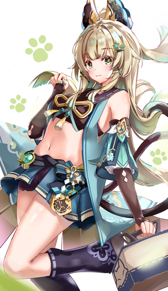 Anime picture 2031x3521 with genshin impact kirara (genshin impact) scup single long hair tall image highres blonde hair green eyes tail nail polish animal tail midriff cat tail multiple tails paw pose paw print girl skirt detached sleeves