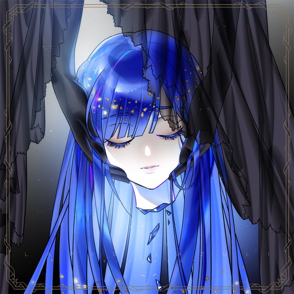 Anime picture 1000x1000 with houseki no kuni lapis lazuli (houseki no kuni) cairngorm (houseki no kuni) bloodcat (babacatcat) long hair fringe holding blue hair eyes closed character names androgynous spoilers severed head hands debris
