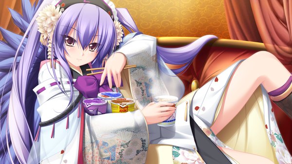 Anime picture 1024x576 with kamidori alchemy meister long hair looking at viewer fringe hair between eyes wide image twintails holding brown eyes game cg purple hair bent knee (knees) indoors light smile wide sleeves girl