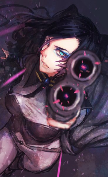 Anime picture 2918x4759 with ergo proxy re-l mayer sai ichirou single long hair tall image looking at viewer highres black hair from above aqua hair eyeshadow pointing at viewer girl weapon gun cloak