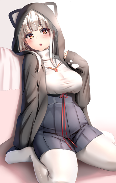 Anime-Bild 893x1400 mit original reinama single long hair tall image looking at viewer blush fringe breasts open mouth simple background large breasts white background sitting yellow eyes silver hair blunt bangs long sleeves pleated skirt open jacket