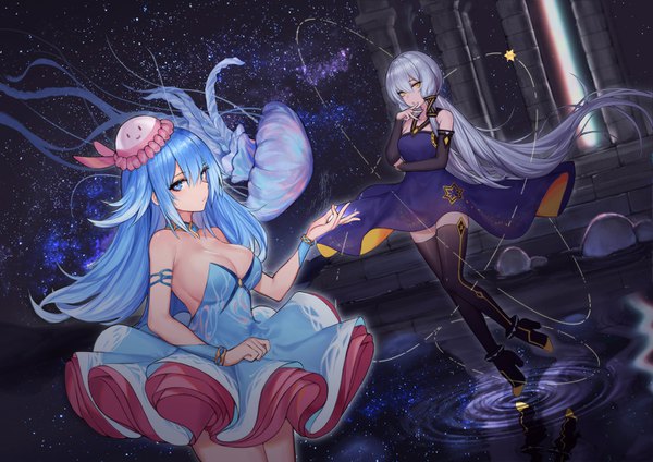 Anime picture 1415x1000 with vocaloid synthesizer v xingchen haiyi pre (preecho) long hair looking at viewer fringe breasts blue eyes light erotic hair between eyes large breasts multiple girls yellow eyes blue hair cleavage silver hair very long hair girl