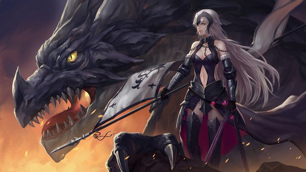 Anime picture 1500x844 with fate (series) fate/grand order fate/apocrypha jeanne d'arc (fate) (all) jeanne d'arc alter (fate) jeanne d'arc alter (avenger) (third ascension) (fate) mordred long hair blonde hair wide image yellow eyes looking away teeth fantasy sharp teeth girl gloves navel hair ornament weapon