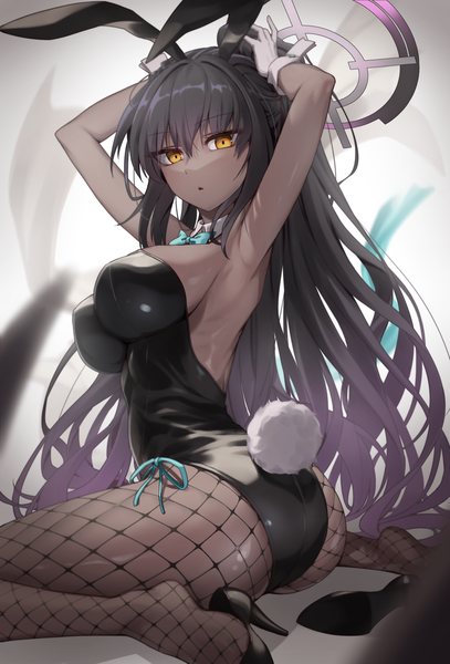 Anime picture 1800x2654 with blue archive karin (blue archive) karin (bunny) (blue archive) penguin say single long hair tall image looking at viewer fringe highres breasts open mouth light erotic black hair hair between eyes large breasts sitting animal ears yellow eyes payot
