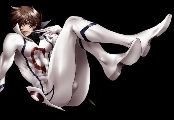 Anime picture 1200x827 with casshern sins casshern odu (artist) fringe short hair light erotic brown hair hair over one eye mouth hold black background boy uniform suit