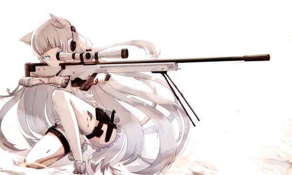 Anime picture 1920x1152 with girls frontline original awp (girls frontline) (nekoya (liu)) nekoya (liu) single fringe highres blue eyes light erotic simple background wide image holding signed animal ears looking away white hair tail blunt bangs very long hair animal tail