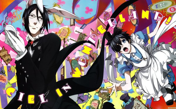 Anime picture 1997x1248 with kuroshitsuji a-1 pictures sebastian michaelis ciel phantomhive highres short hair open mouth blue eyes black hair wide image brown eyes animal ears boy gloves uniform bow hair bow glasses suit