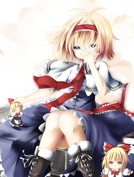 Anime picture 1000x1324 with touhou alice margatroid shanghai umagenzin single tall image fringe short hair breasts blue eyes blonde hair sitting ahoge knees touching girl dress ribbon (ribbons) boots hairband ring