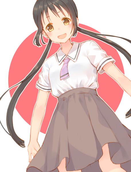Anime picture 1000x1313 with asobi asobase honda hanako kazuzu single long hair tall image looking at viewer blush fringe open mouth black hair simple background smile standing twintails yellow eyes payot :d pleated skirt floating hair