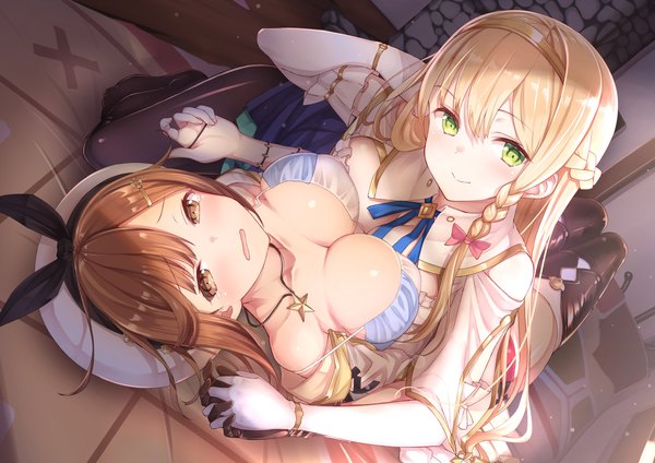 Anime picture 2923x2067 with atelier (series) atelier ryza gust (company) reisalin stout klaudia valentz baakurou long hair looking at viewer blush fringe highres short hair breasts open mouth light erotic blonde hair smile hair between eyes brown hair large breasts