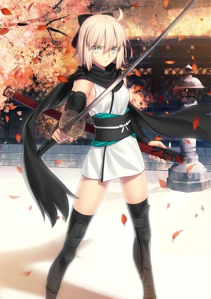 Anime picture 820x1159 with fate (series) fate/grand order okita souji (fate) (all) okita souji (koha-ace) takeuchi takashi single tall image looking at viewer fringe short hair breasts blonde hair hair between eyes standing holding yellow eyes ahoge outdoors traditional clothes japanese clothes