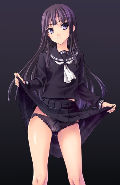 Anime picture 1300x2000 with original norizou type-r single long hair tall image light erotic purple eyes purple hair black background skirt lift girl underwear panties serafuku