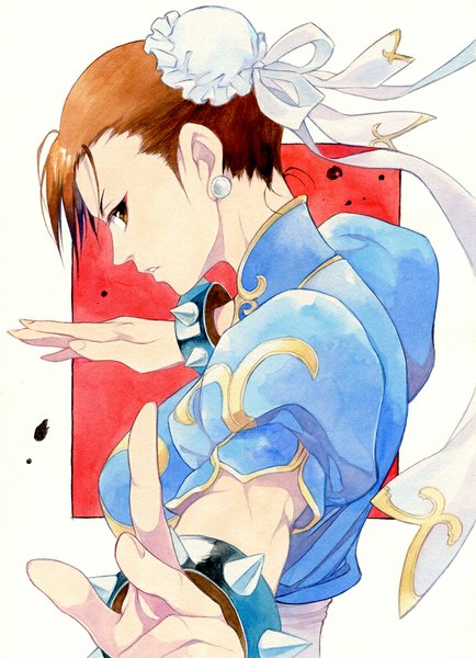 Anime picture 723x1000 with street fighter capcom chun-li agahari single tall image looking at viewer short hair brown hair brown eyes profile hair bun (hair buns) chinese clothes fighting stance traditional media watercolor (medium) girl ribbon (ribbons) earrings bun cover