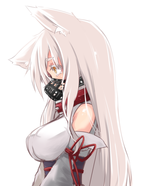 Anime picture 762x1000 with original sakura inu single long hair tall image fringe breasts simple background hair between eyes large breasts white background bare shoulders animal ears yellow eyes looking away white hair long sleeves profile wide sleeves fox ears