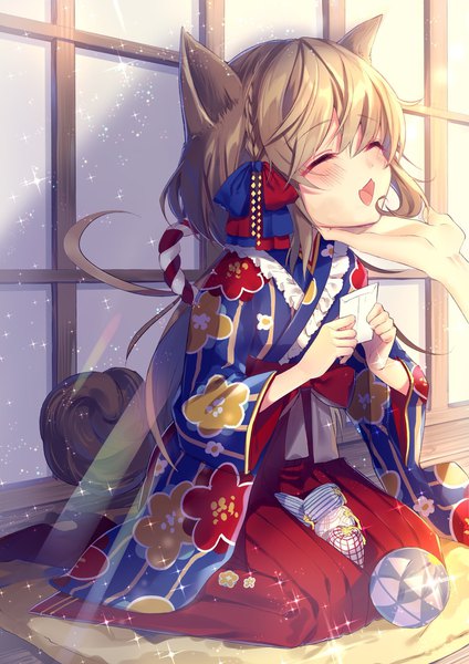 Anime picture 1448x2048 with original tyanotya long hair tall image blush fringe open mouth smile hair between eyes brown hair sitting animal ears full body tail eyes closed long sleeves traditional clothes :d japanese clothes animal tail