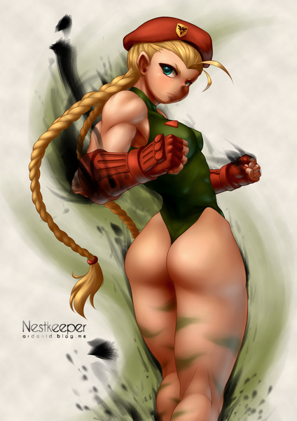 Anime picture 1024x1448 with street fighter capcom cammy white nestkeeper single long hair tall image blush blue eyes light erotic blonde hair ass looking back from behind girl gloves bodysuit beret