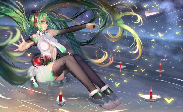 Anime picture 1675x1032 with vocaloid vocaloid append hatsune miku hatsune miku (append) musynexsk single light erotic wide image very long hair aqua eyes aqua hair girl thighhighs hair ornament black thighhighs detached sleeves water necktie candle (candles)