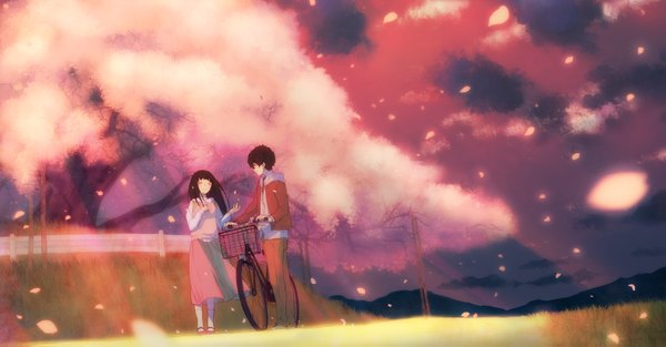 Anime picture 1575x823 with hyouka kyoto animation chitanda eru oreki houtarou meron (yakisoba) long hair short hair black hair wide image cloud (clouds) eyes closed cherry blossoms girl dress boy plant (plants) petals tree (trees) ground vehicle bicycle