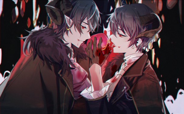 Anime picture 1300x808 with ensemble stars! sakuma rei (ensemble stars!) sakuma ritsu kanose fringe short hair black hair hair between eyes red eyes wide image upper body profile horn (horns) light smile pointy ears multiple boys fur trim siblings brothers boy