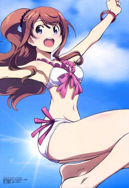 Anime picture 4086x5940 with classroom crisis megami magazine sera mizuki (classroom crisis) single long hair tall image blush highres open mouth blue eyes light erotic brown hair absurdres sky cloud (clouds) ponytail official art midriff girl swimsuit