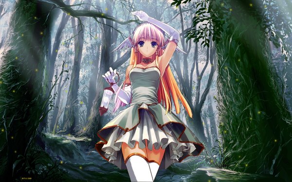 Anime picture 1920x1200 with original suzuhira hiro single long hair highres blonde hair wide image black eyes elf head wings valkyrie girl thighhighs dress gloves plant (plants) white thighhighs wings tree (trees) elbow gloves