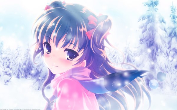 Anime picture 1920x1200 with white album ogata rina ohara tometa pure-poison89 single long hair blush highres smile wide image purple eyes twintails sky purple hair looking back sunlight short twintails portrait snowing winter