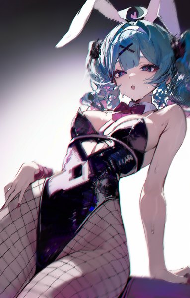 Anime picture 3809x5965 with vocaloid rabbit hole (vocaloid) hatsune miku migata single long hair tall image highres breasts blue eyes light erotic simple background animal ears blue hair absurdres ahoge arm support :o sweat bunny ears