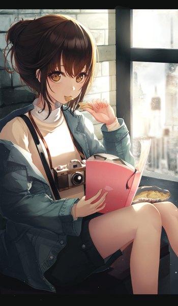 Anime picture 934x1600 with original h2o (dfo) single tall image looking at viewer blush fringe short hair hair between eyes brown hair sitting holding brown eyes payot bent knee (knees) indoors long sleeves fingernails off shoulder open jacket