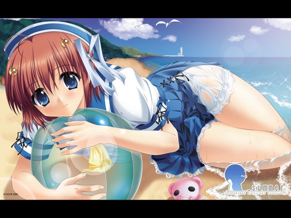 Anime picture 1600x1200 with single looking at viewer blue eyes cloud (clouds) light smile bare legs wet beach wet clothes sand hair ornament ribbon (ribbons) hair ribbon sea beachball seagull lighthouse