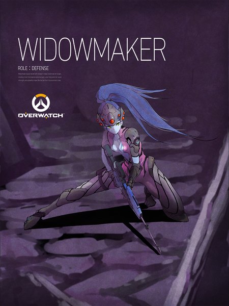 Anime picture 1200x1600 with overwatch blizzard entertainment widowmaker (overwatch) satyuas single long hair tall image yellow eyes blue hair looking away full body ponytail light smile copyright name character names girl weapon gun rifle head mounted display