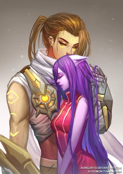 Anime picture 620x877 with league of legends lulu (league of legends) varus (league of legends) songjikyo long hair tall image simple background brown hair animal ears yellow eyes purple hair eyes closed sleeveless couple purple skin girl dress boy earrings