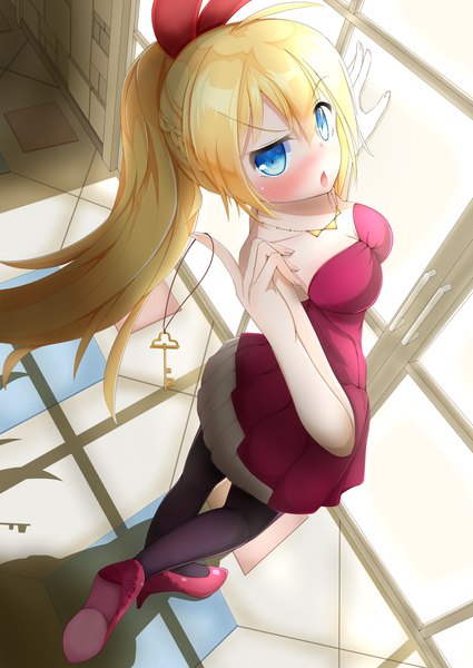 Anime picture 1253x1770 with nisekoi shaft (studio) kirisaki chitoge single long hair tall image blush open mouth blue eyes blonde hair ponytail embarrassed girl dress bow hair bow shoes key