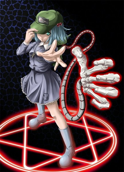 Anime picture 819x1134 with touhou kawashiro nitori mochi.f single tall image looking at viewer short hair blue eyes blue hair magic mechanical parts girl dress skirt boots skirt set flat cap magic circle