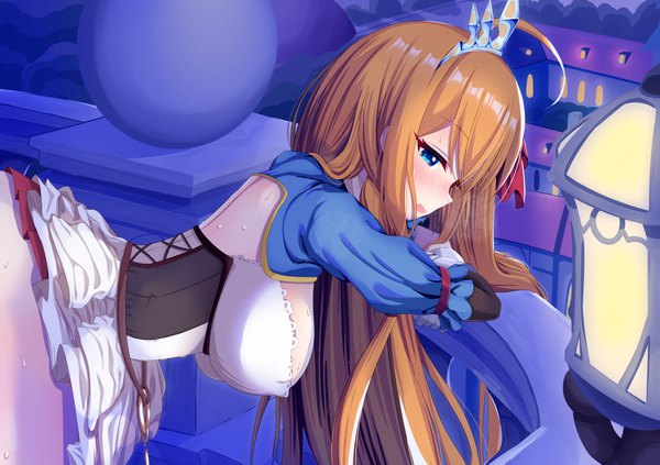 Anime-Bild 1400x987 mit princess connect! re:dive princess connect! pecorine (princess connect!) syurimp single long hair blush fringe breasts open mouth blue eyes light erotic hair between eyes large breasts payot cleavage ahoge outdoors profile orange hair