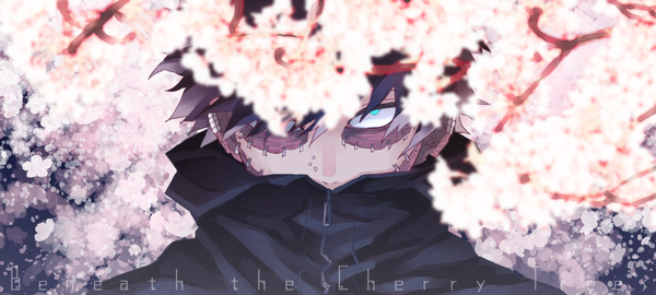 Anime picture 1500x674 with boku no hero academia studio bones dabi (boku no hero academia) kyuu wan single looking at viewer fringe short hair hair between eyes wide image upper body outdoors aqua eyes blurry hair over one eye depth of field text piercing cherry blossoms ear piercing