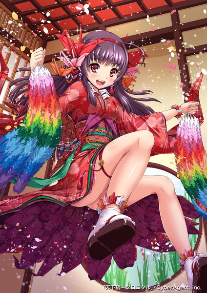 Anime picture 800x1131 with tenkuu no crystalia sakiyamama single long hair tall image looking at viewer blush fringe open mouth light erotic smile red eyes holding purple hair full body ahoge indoors blunt bangs traditional clothes :d