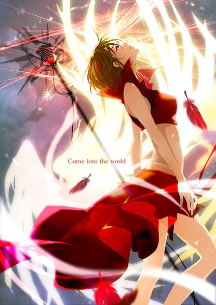 Anime picture 807x1140 with vocaloid meiko caracoro single tall image fringe short hair smile brown hair standing bare shoulders bent knee (knees) nail polish profile lips bare belly looking up bare back girl skirt
