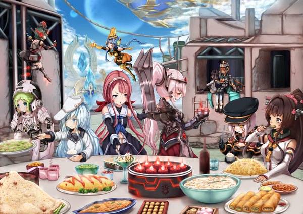 Anime picture 2339x1654 with kantai collection starcraft blizzard entertainment hibiki destroyer yamato super battleship verniy destroyer tokitsukaze destroyer kawakaze (kantai collection) battlecruiser (starcraft) alarak talandar wakaura asaho long hair highres short hair blue eyes red eyes brown hair sitting multiple girls