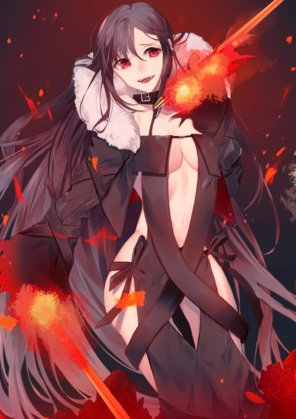 Anime picture 1771x2508 with fate (series) fate/grand order yu mei-ren (fate) sou 230 single tall image looking at viewer fringe highres breasts open mouth light erotic smile hair between eyes red eyes brown hair standing holding payot very long hair