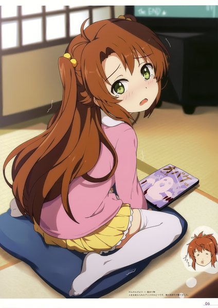 Anime picture 2475x3500 with non non biyori silver link milky been! (ogipote) - anime yorozu ira hon (artbook) koshigaya komari koshigaya natsumi ogipote single long hair tall image looking at viewer fringe highres open mouth brown hair sitting green eyes payot full body ahoge long sleeves