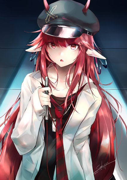 Anime picture 1003x1416 with arknights vigna (arknights) sakusyo single long hair tall image looking at viewer fringe open mouth hair between eyes red eyes standing holding signed upper body red hair long sleeves horn (horns) pointy ears :o